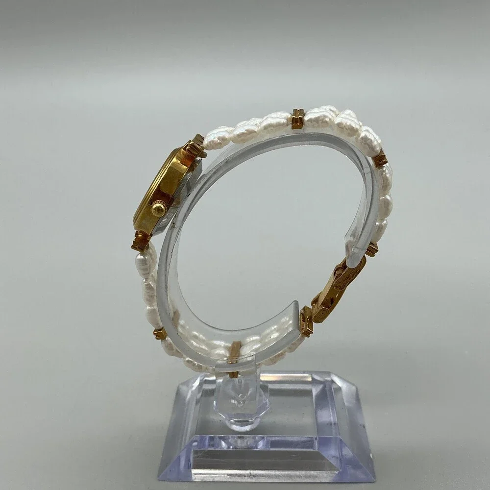 Vintage Majestron Womens Watch 22mm MOP Dial Gold Tone Beaded New Battery 7.5